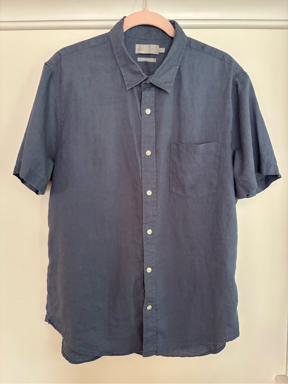 Vince Men’s Classic Fit Linen Short Sleeve Button Down Shirt Navy Blue Size L